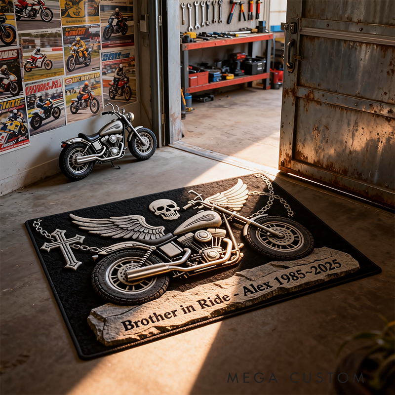 Personalized Brother in Ride Motorcycle Memorial Doormat Custom Name Dates and Text Gift for Bikers