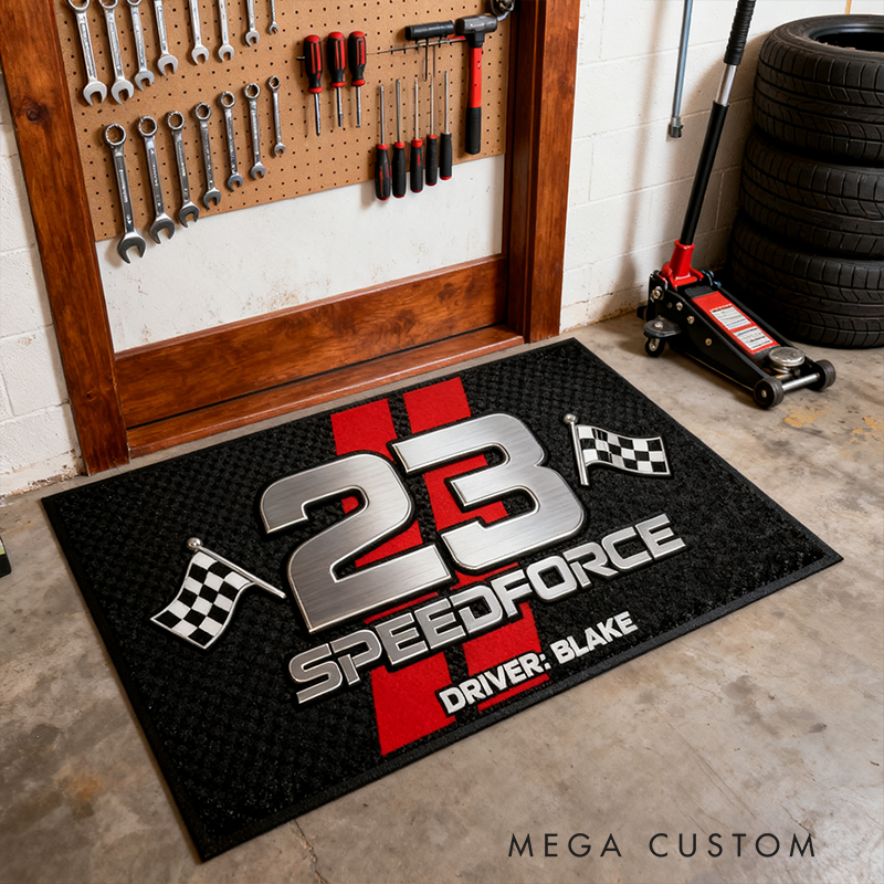 Personalized Racing Door Mat Custom Name and Number Checkered Flag Design Gift for Car and Motorsport Lovers
