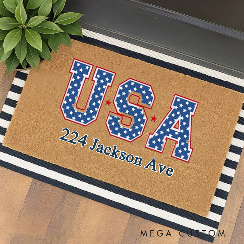 Personalized USA Doormat Custom Address Design Patriotic Durable Coir Welcome Mat Stylish Home Entryway Decor Perfect Gift For Housewarming