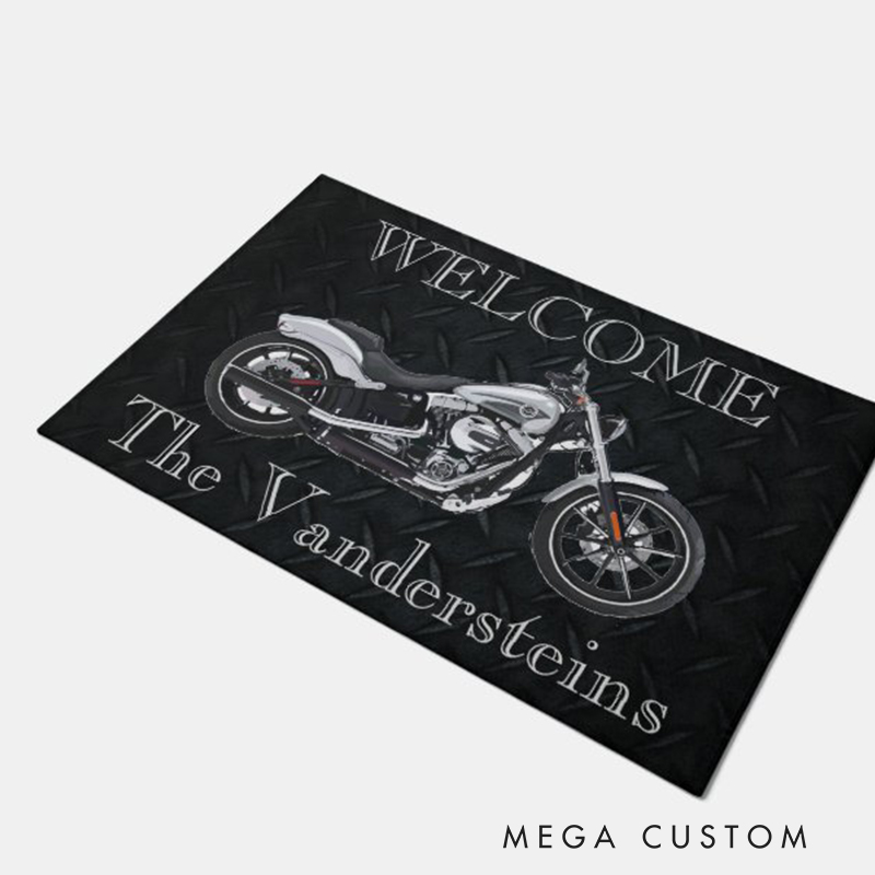 Personalized Motorcycle Welcome Mat Custom Family Name Doormat for Biker Homes and Motorcycle Lovers