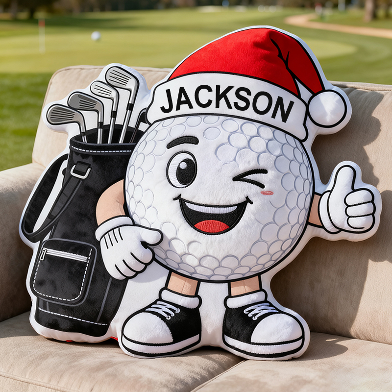 Personalized Golf Ball Pillow with Santa Hat and Custom Name for Golf Lovers