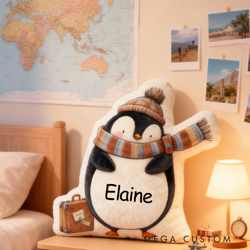 Personalized Wandering Penguin Travel Pillow with Custom Name Graphic 3D Print Pillow for Travel Lovers