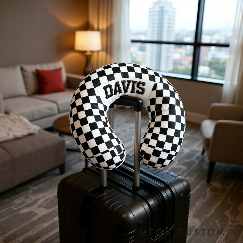 Personalized Racing Checkered Flag Travel Neck Pillow Custom Name U‑Shape Cushion for Racers and Racing Enthusiasts