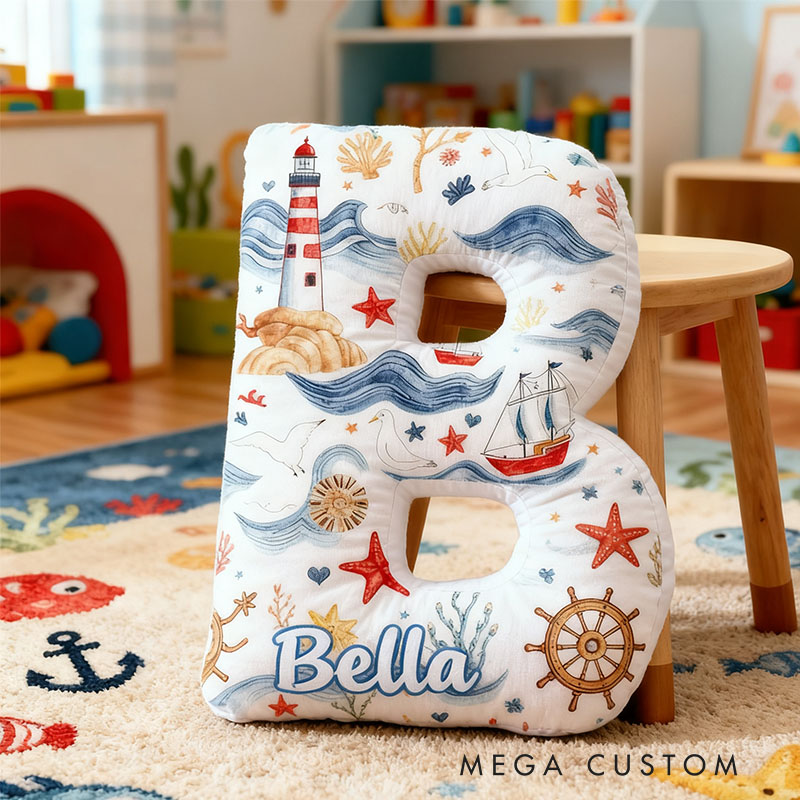 Personalized Letter Shaped Pillow Lighthouse Sailboat Design Perfect Gift for Children Bedrooms Playrooms Or Coastal Home Decor New Beginning Gift