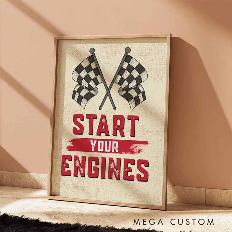 Personalized Racing Wall Art Print Custom Text Race Flag Poster Gift for Car Lovers or Man Cave Decoration