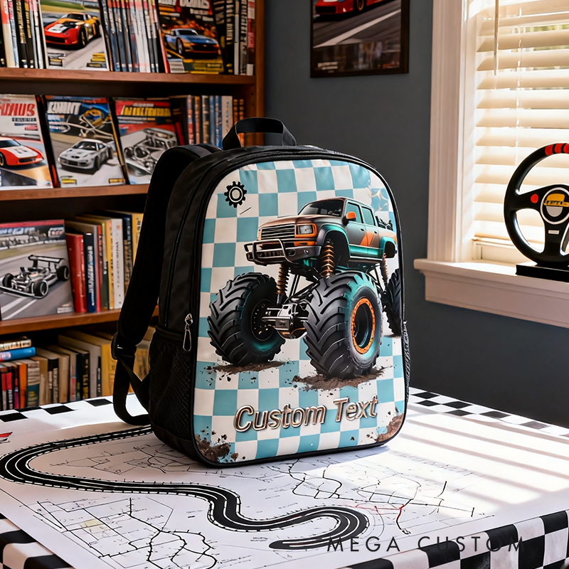 Personalized Monster Truck Themed Backpack Custom Text Racing Style Backpack for Car Lovers