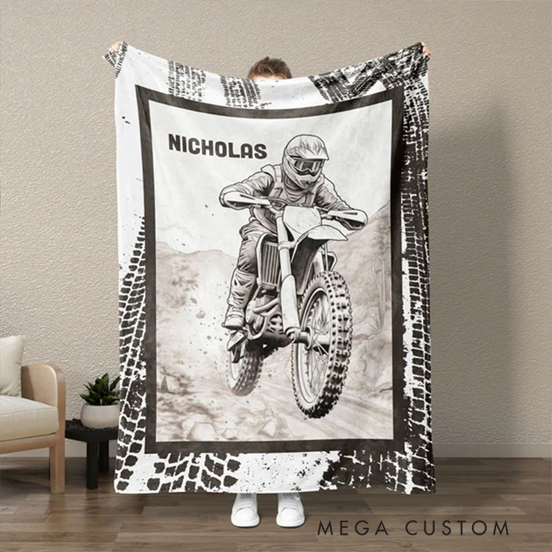 Personalized Dirt Bike Blanket Custom Name Fleece Throw Gift for Motorcycle and Motocross Lovers