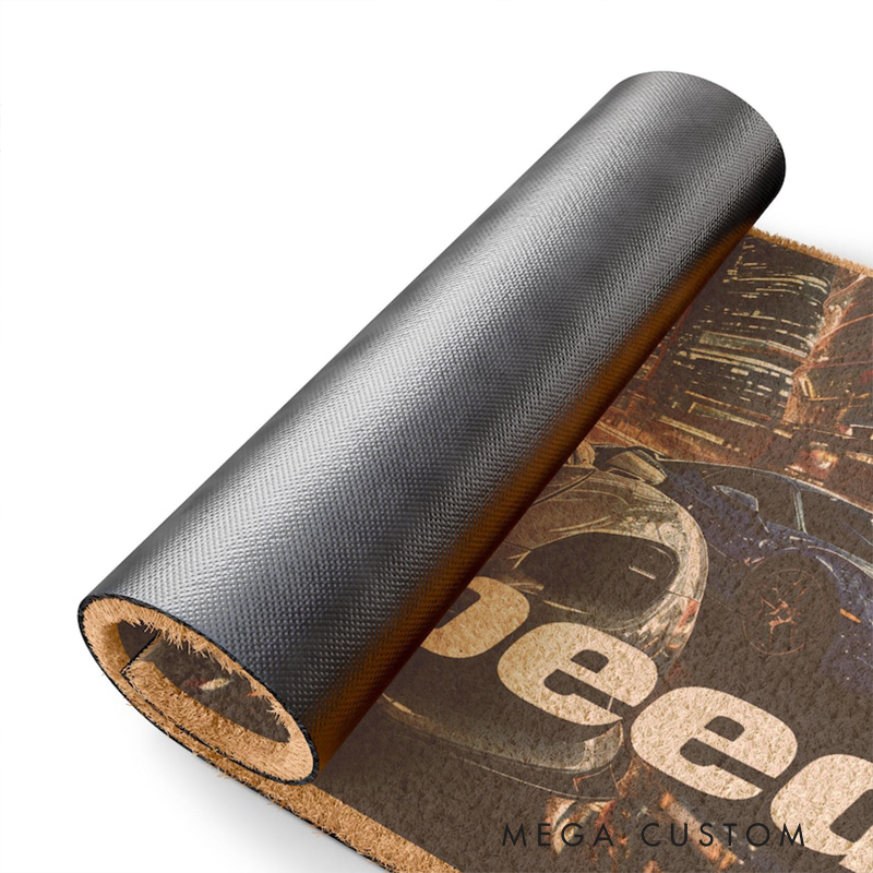 Personalized Racing Car Coir Doormat Custom Text Super Speed Design for Garage or Home Decor