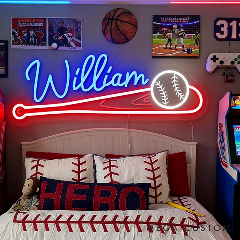 Personalized Baseball Neon Sign with Custom Name and Bat Design for Baseball Enthusiasts and Game Rooms
