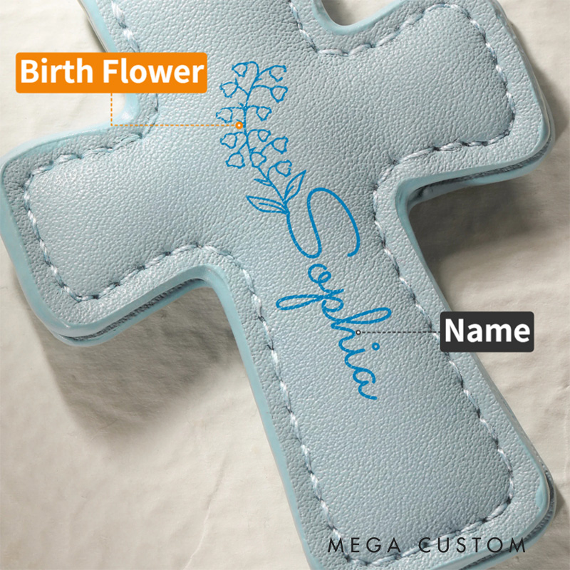 Personalized Birth Flower PU Leather Cross Magnetic Bookmark Clip with Name Reading Supplies First Communion Baptism Gift for Christians Bookworms