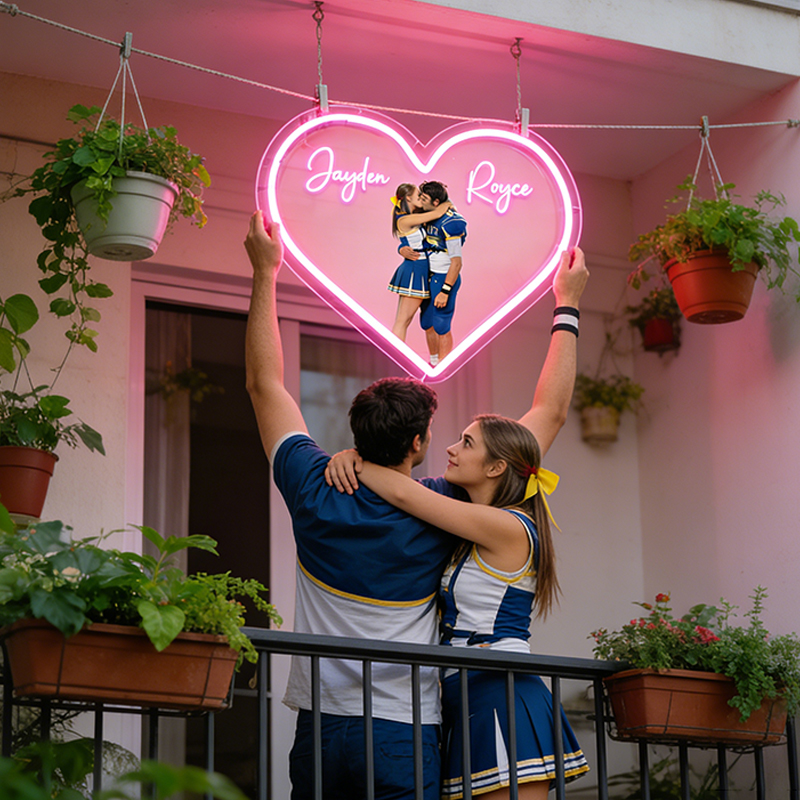Personalized Football Player Couple Heart Neon Sign with Names and Photo for Romantic Valentine’s Day Decor
