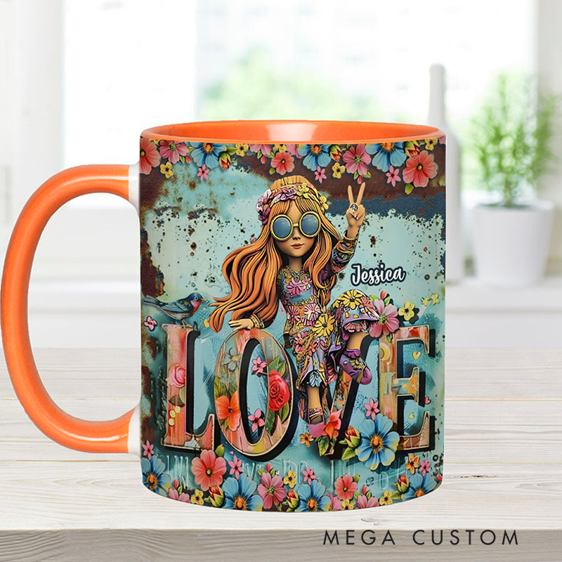 Personalized Hippie Accent Mug Custom Name Hippie Girl Hippie Soul Peace Love Mug for Music Lover Gift