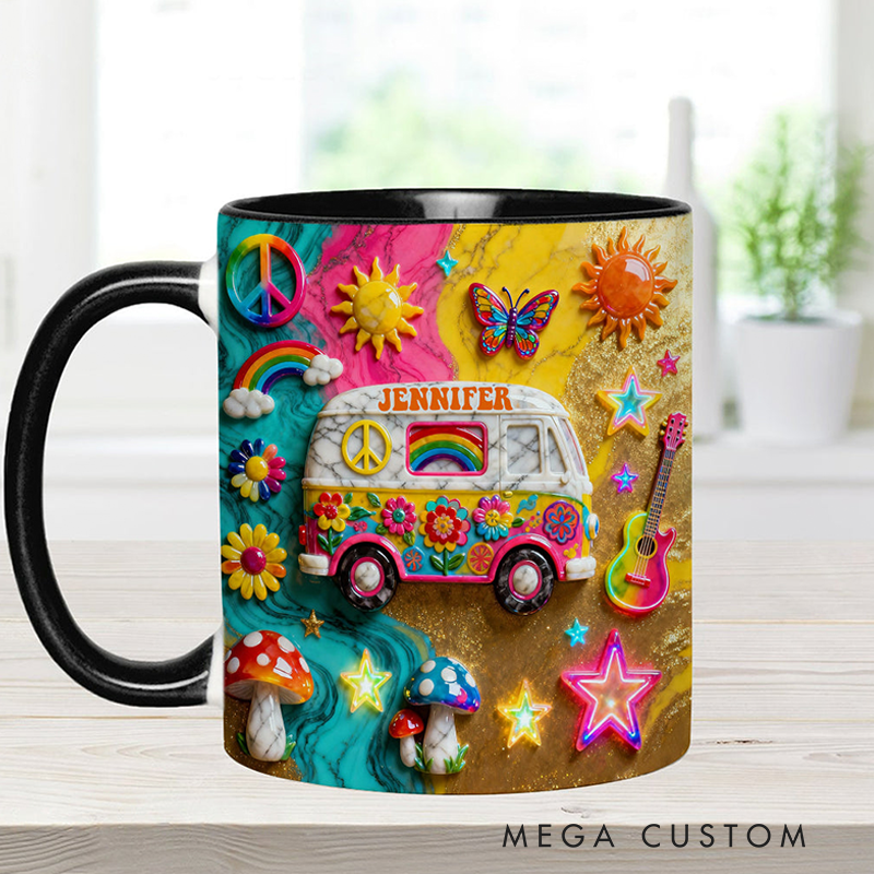 Personalized Hippie Souls Accent Mug Custom Name Colorful Hippie Car Hippie Coffee Mug Bohemian Coffee Mug