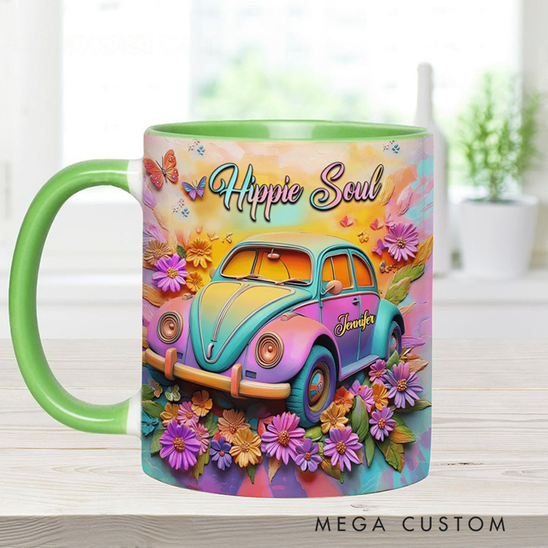 Personalized Hippie Souls Accent Mug Custom Name Colorful Hippie Car Hippie Coffee Mug Bohemian Coffee Mug
