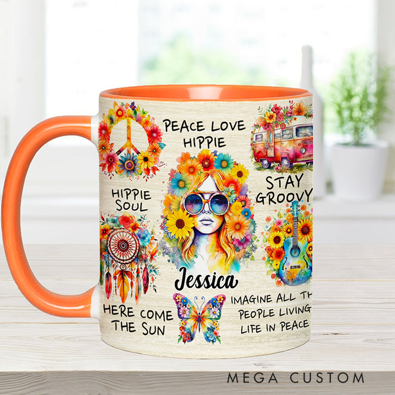 Personalized Hippie Accent Mug Custom Name Hippie Girl Hippie Soul Peace Love Mug for Music Lover Gift
