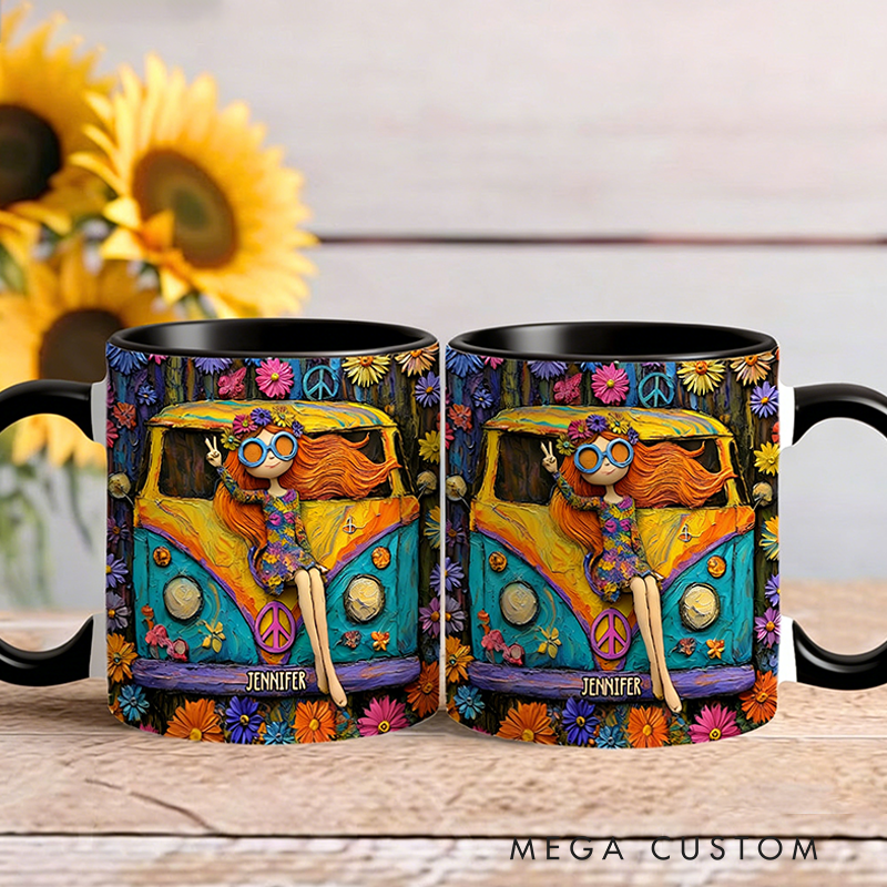 Personalized Hippie Accent Mug Custom Name Hippie Girl and Cars Hippie Soul Peace Love Mug for Music Lover Gift