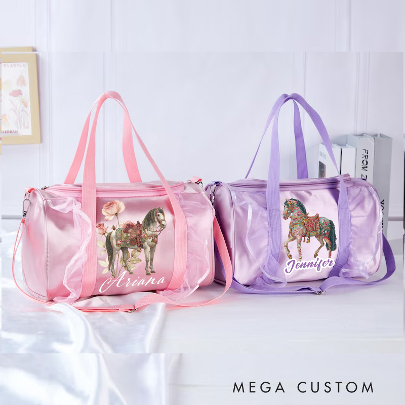 Personalized Horse Duffle Dance Bag with Name and Shoulder Strap Overnight Bag for Girl Ballet Bag Weekender Back To School Gift for Girls Riding Lovers Equestrian Lovers