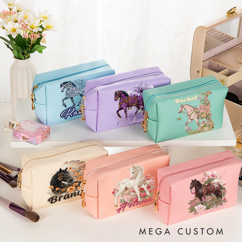Personalized Horse Makeup Tool Organizer Toiletry Bag Custom Name for Kids Travel Gifts and Daily Use Weekender Back To School Gift for Girls Riding Lovers Equestrian Lovers