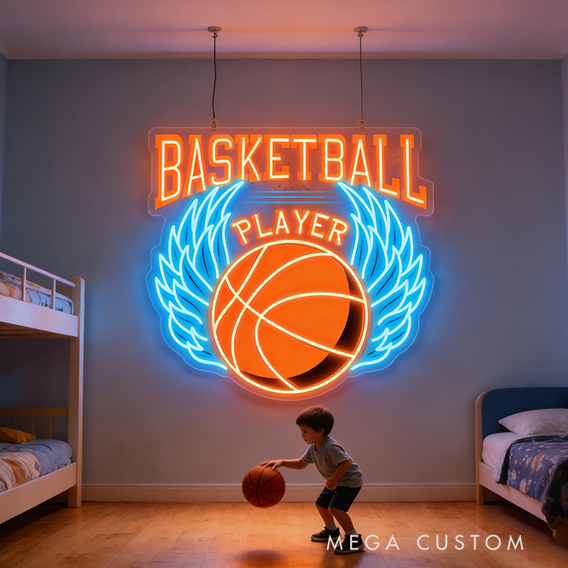 Personalized LED Basketball Neon Sign with Winged Ball Design for Basketball Lovers Teenage Boy Gifts