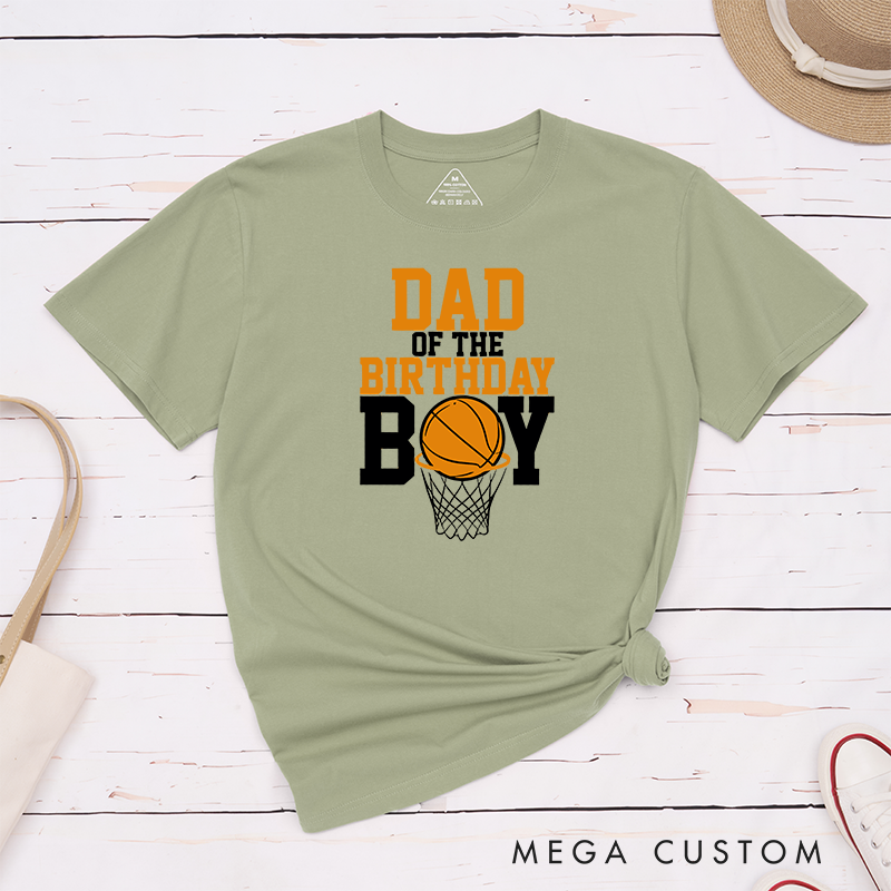 Personalized Family Basketball Birthday T-Shirts with Customizable Titles for Dad, Mom, Brother, Sister, and More Featuring Bold Typography and Basketball Hoop Graphic Design