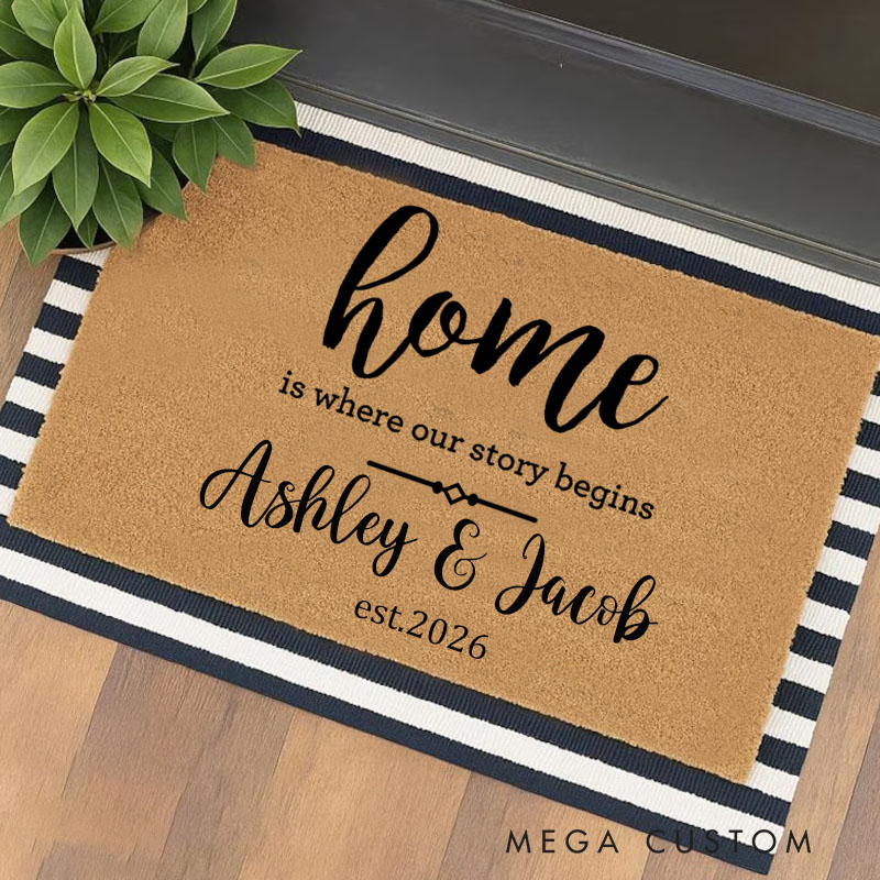 Personalized Home Doormat Custom Our Story Begins Design Durable Coir Welcome Mat for Couples New Home Housewarming Gift for Newlyweds