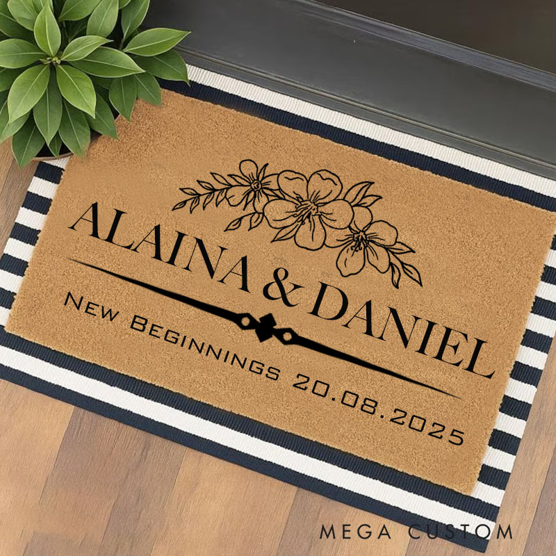 Personalized New Beginnings Doormat Custom Floral Design Durable Coir Welcome Mat for New Home Entryway Housewarming Gift for Families and Couples