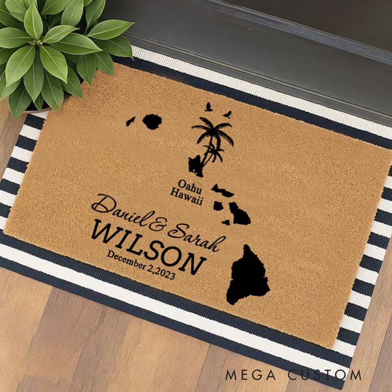 Personalized Tropical Theme Doormat Custom Island Design Durable Coir Welcome Mat for New Home Entryway Unique Housewarming Gift for Couples and Family