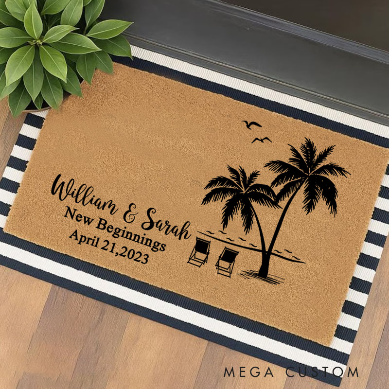 Personalized Doormat Custom Tropical Palm Tree Design Durable Coir Welcome Mat for New Home Entryway Perfect Housewarming Gift for Couples