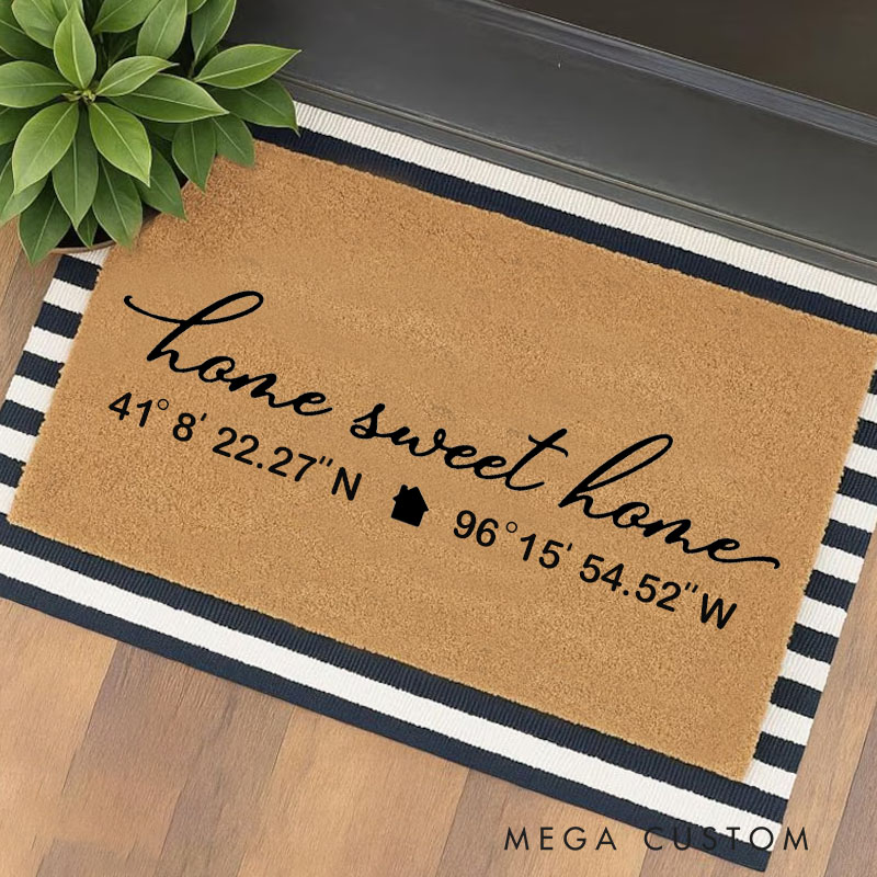 Personalized Home Sweet Home Doormat Custom Coordinates Design Durable Coir Welcome Mat for New Home Entryway Unique Housewarming Gift for Couples