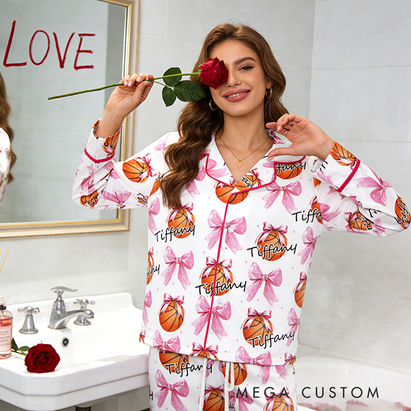 Personalized Couple Basketball Pajamas with Custom Name and Bow Design Gift for Anniversaries Valentine’s Day