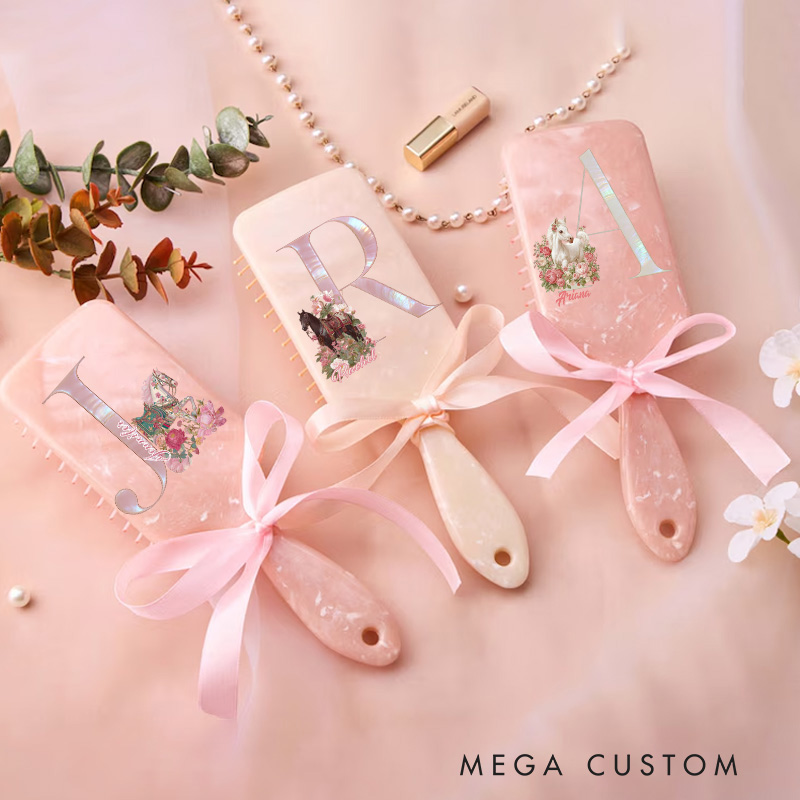 Personalized Horse Riding Initial Name Airbag Comb Hair Comb Pink Airbag Brush Anniversary Gifts for Girls for Horse Lovers Riding Lovers Equestrian Lovers