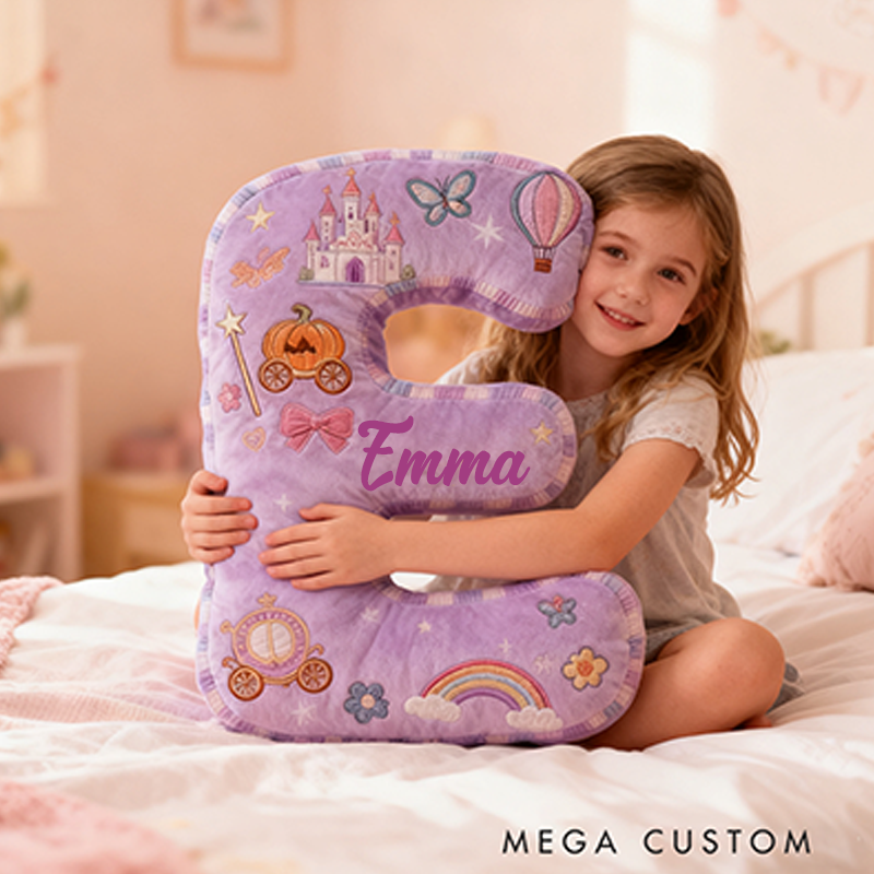Personalized Princess Letter Christmas Gift Pillow Purple Design and Fairytale Embroidery Graphic 3D Print Pillow for Kids