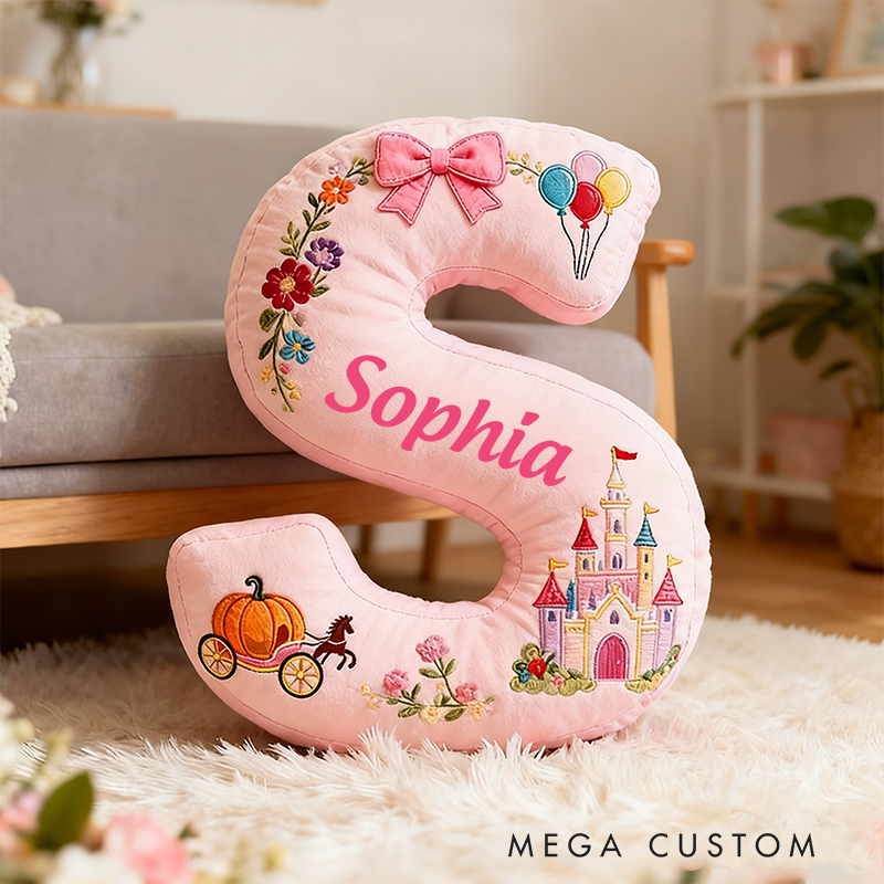 Personalized Pink Letter Christmas Gift Pillow with Castle Pumpkin Carriage Rainbow for a Fairytale Inspired Design Graphic 3D Print Pillow