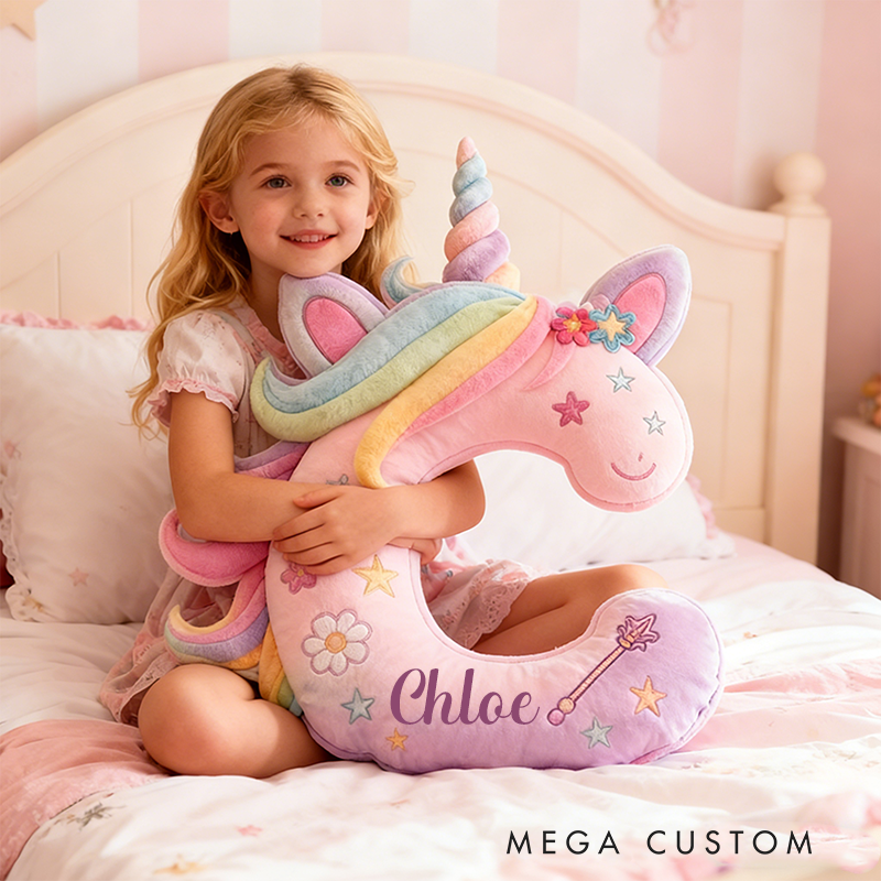 Personalized Letter Christmas Gift Pillow Pastel Rainbow Colors Stars Butterflies Magic Wand and Whimsical Fairy Tale Design Graphic 3D Print Pillow