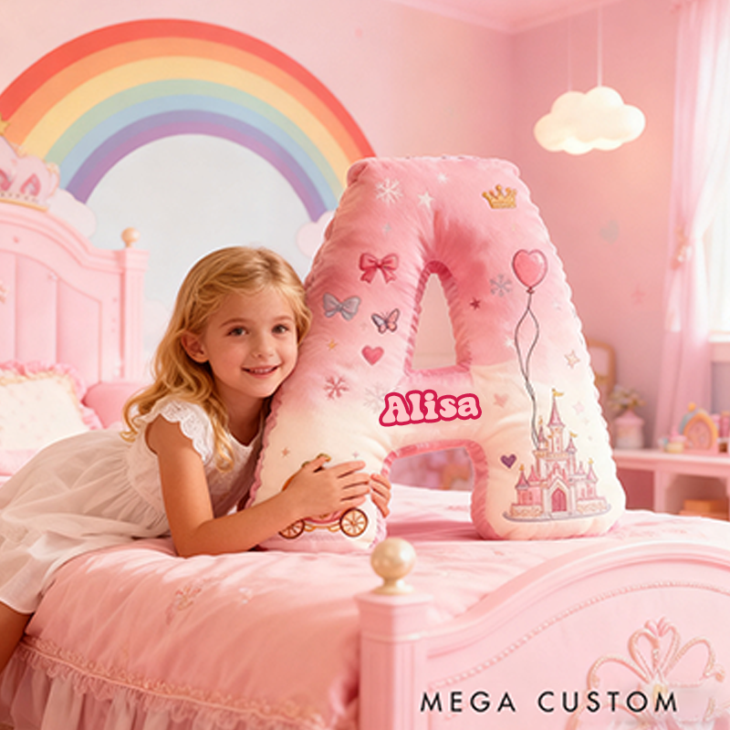 Personalized Letter Christmas Gift Pillow Princess Theme Castle Pumpkin Carriage Crown Balloons and Whimsical Fairy Tale Design Graphic 3D Print Pillow