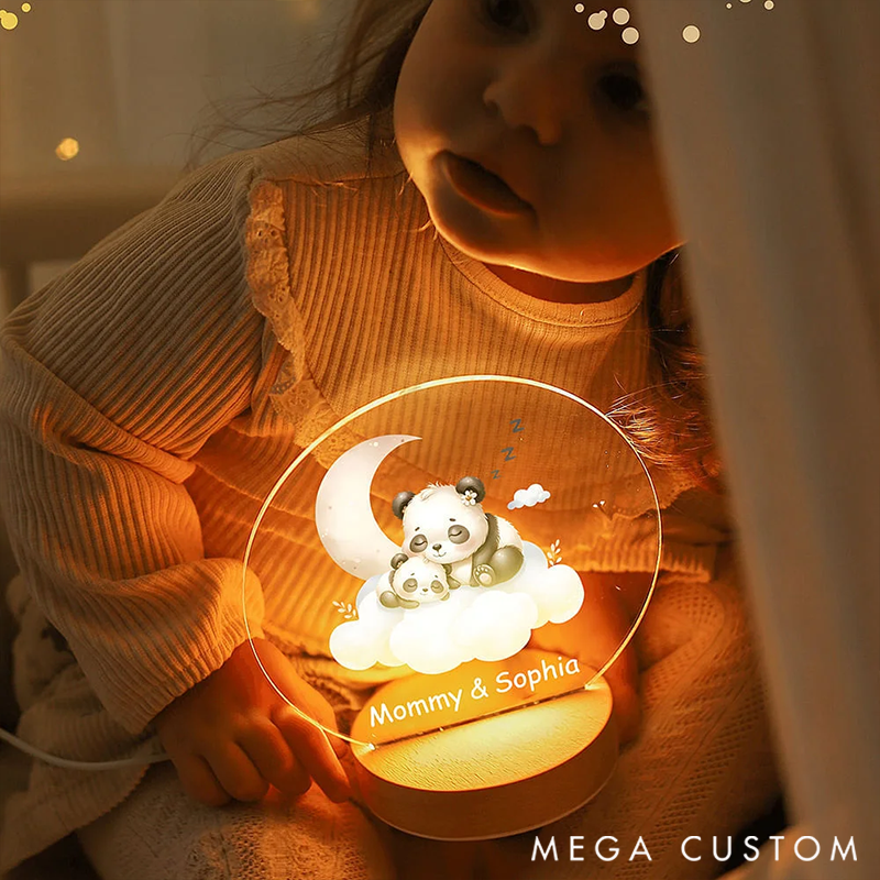 Personalized Sleeping Mommy Baby Animal Dreamy Moon Cloud LED Night Light with Wooden Base and Name Decor Birthday Gift for Kids