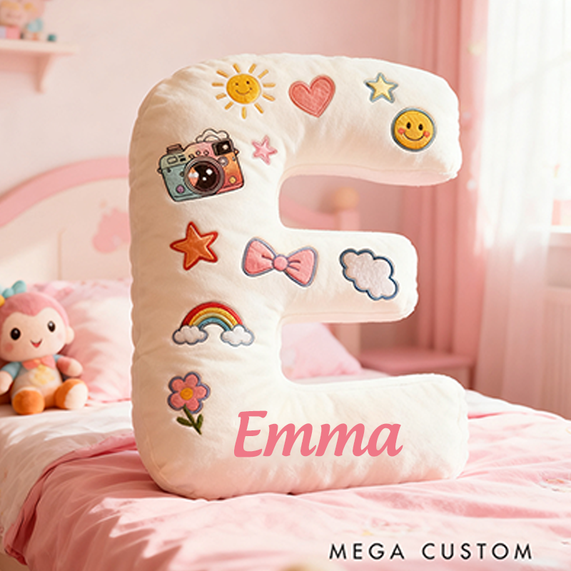 Personalized 26 Letters Shaped Christmas gift Pillow with Cute Camera Bowknots Flowers Smiley Faces Stars and Pastel Design Graphic 3D Print Pillow