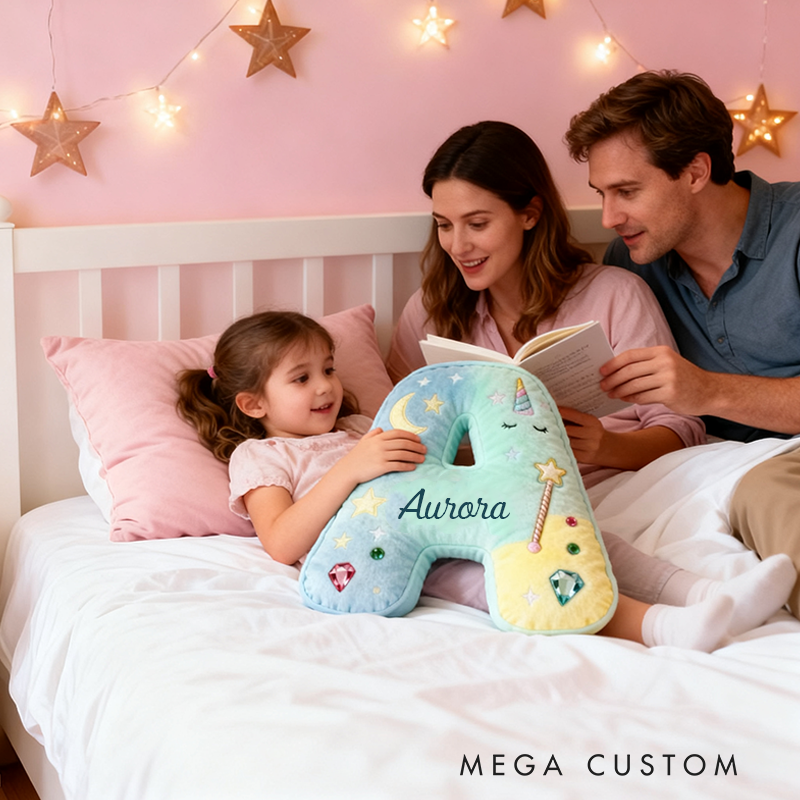 Personalized Colorful 26 Letters Unicorn Starry Dream Cute Graphic 3D Print Pillow Cute Magic Beautiful Letter Custom Pillow Gift for Kids