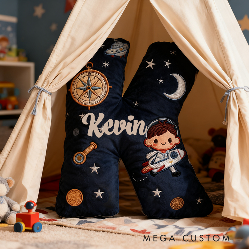 Personalized Space Themed Christmas Gift Pillow with Stars Moon Spaceship Compass Telescope and Astronaut Design Graphic 3D Print Pillow