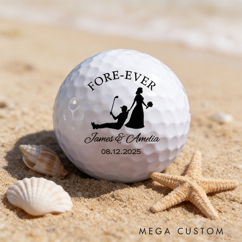 Personalized Bride and Groom Golf Ball with Wedding Silhouette and Details for Weddings and Anniversaries