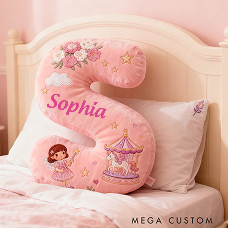 Personalized Pink Letter Christmas Gift Pillow Pink Fairy Tale Design Carousel Magic Wand Flowers and Whimsical Embroidery Graphic 3D Print Pillow
