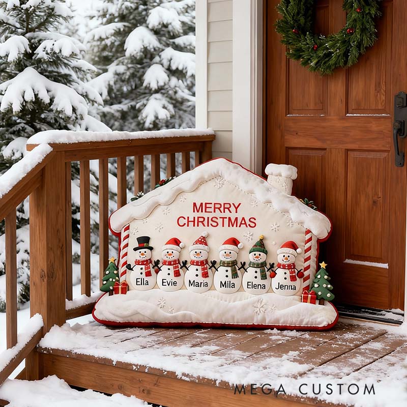 Personalized Snowman Family Pillow Merry Christmas Design Custom Names Festive Holiday Decor Cozy Decorative Cushion Gift for Family Celebrations