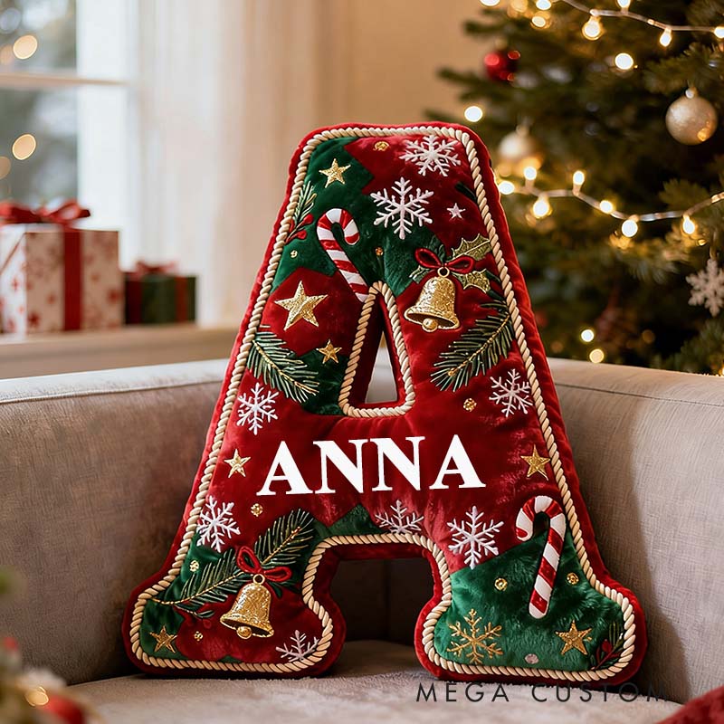 Personalized Christmas Letter Pillow Festive Holiday Decor Candy Cane and Bell Graphic 3D Print Cozy Custom Cushion for Living Room Soft Decorative
