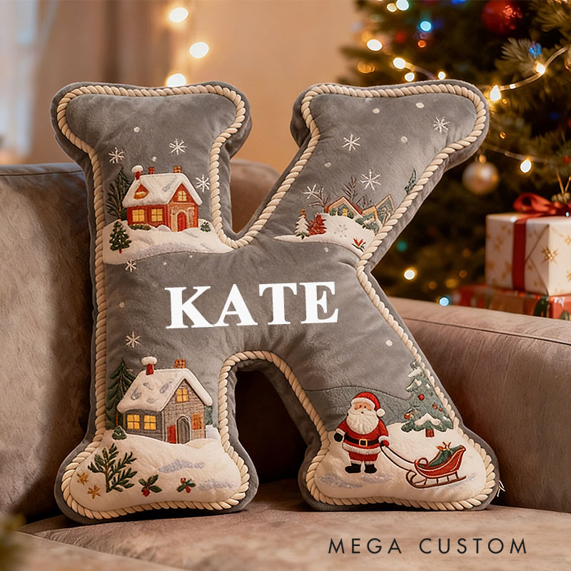 Personalized Gray Christmas Letter Pillow Custom Name Festive Decor with Santa Cabin Snowy Landscape Christmas Gifts for Family Graphic 3D Print