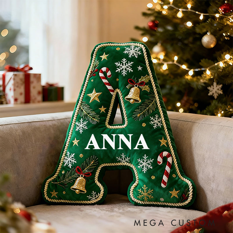 Personalized Christmas Letter Pillow Green Festive Holiday Decor Candy Cane and Bell Graphic 3D Print Custom Cushion for Living Room Soft Decorative