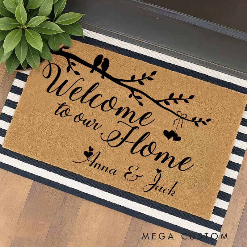 Personalized Welcome Door Mat Welcome to our Home Mat with Love Birds Indoor Outdoor Rug for Couple Housewarming Gift