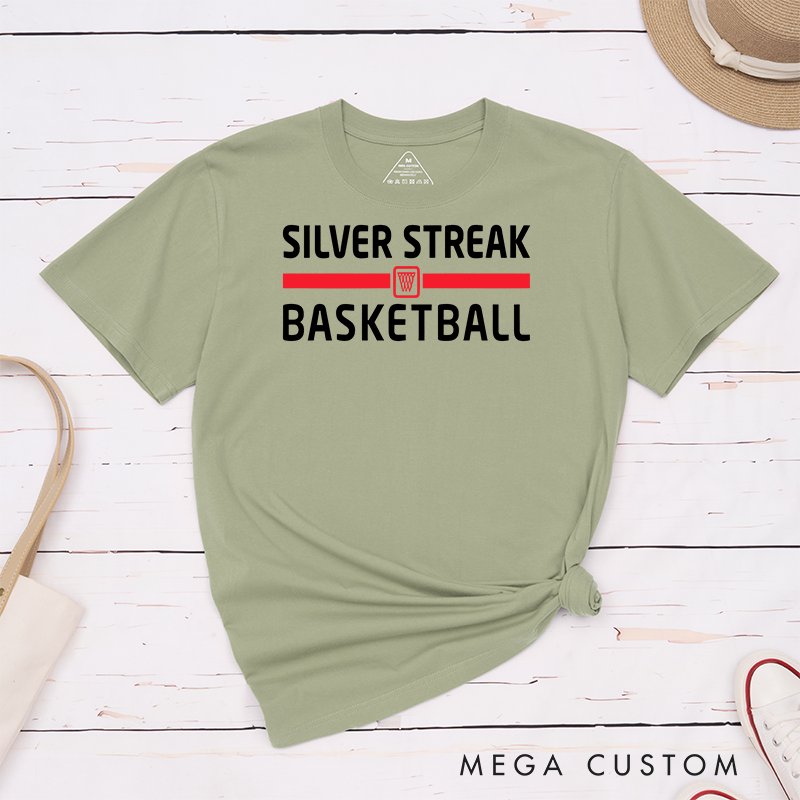 Personalized Basketball Team T-Shirts with Customizable Team Name, Bold Typography, Hoop Graphic, and a Variety of Color Options