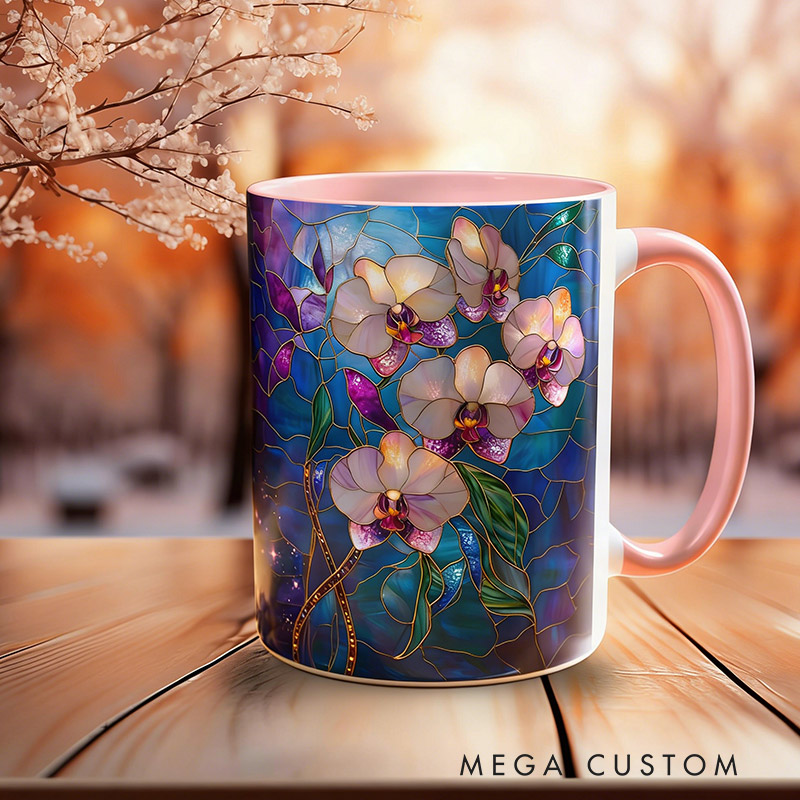 Personalized Stained Glass Print Orchid Mug Floral Art Mug Custom Name for Gardening Lovers