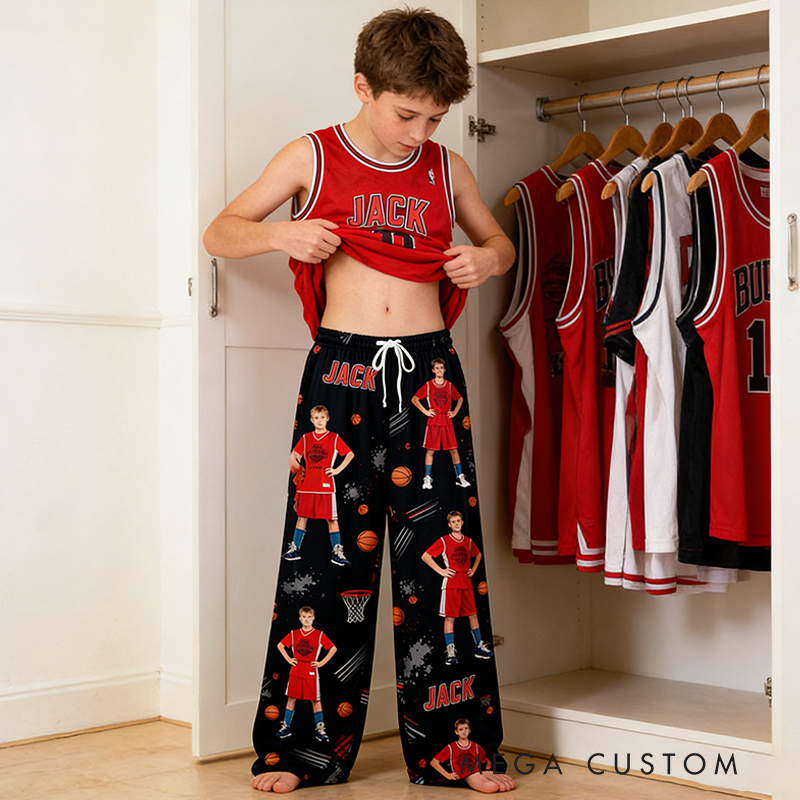 Personalized Basketball Pajama Pants with Photo and Custom Name Design for Basketball Lovers