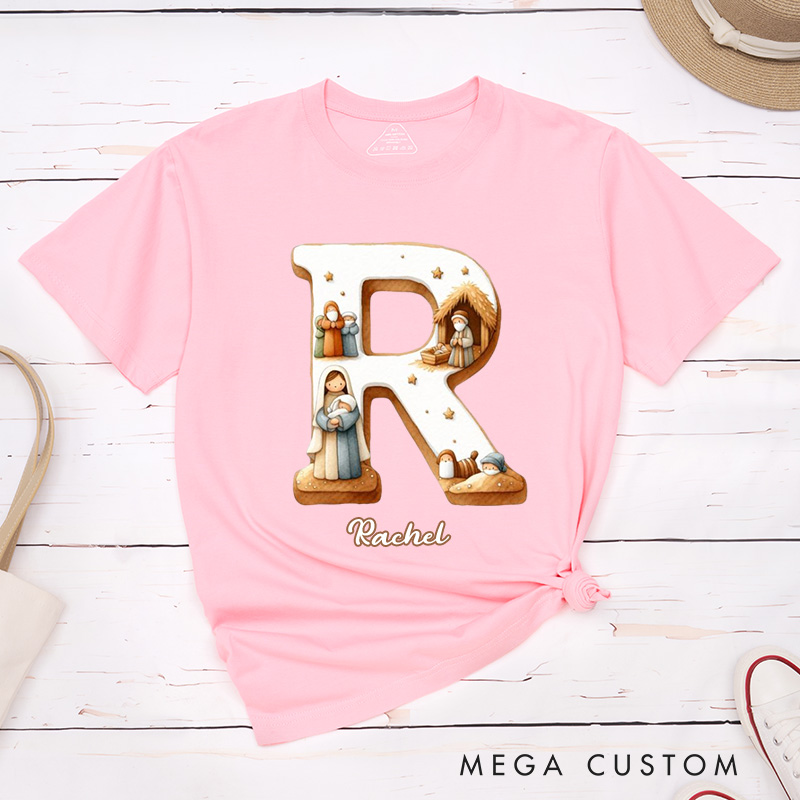 Personalized Nativity Scene Classic T-Shirt with Initial and Name Christian Shirt Religious Gift Faith Gift for Christians